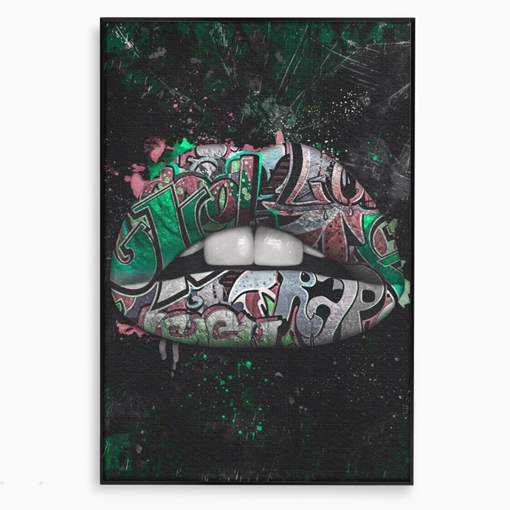 Tablou canvas cu tablou canvas cu buze si graffiti verde, in rama de aluminiu negru